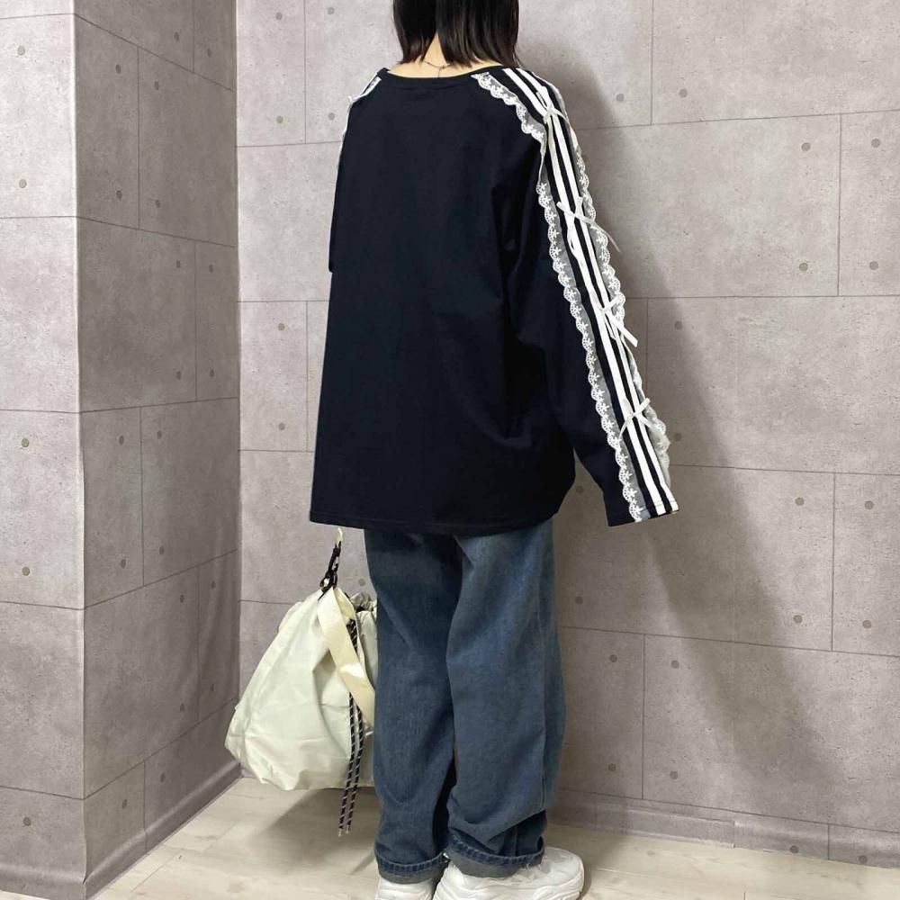 サイドダブルライン レース付き バレエコア ロンT BLACK