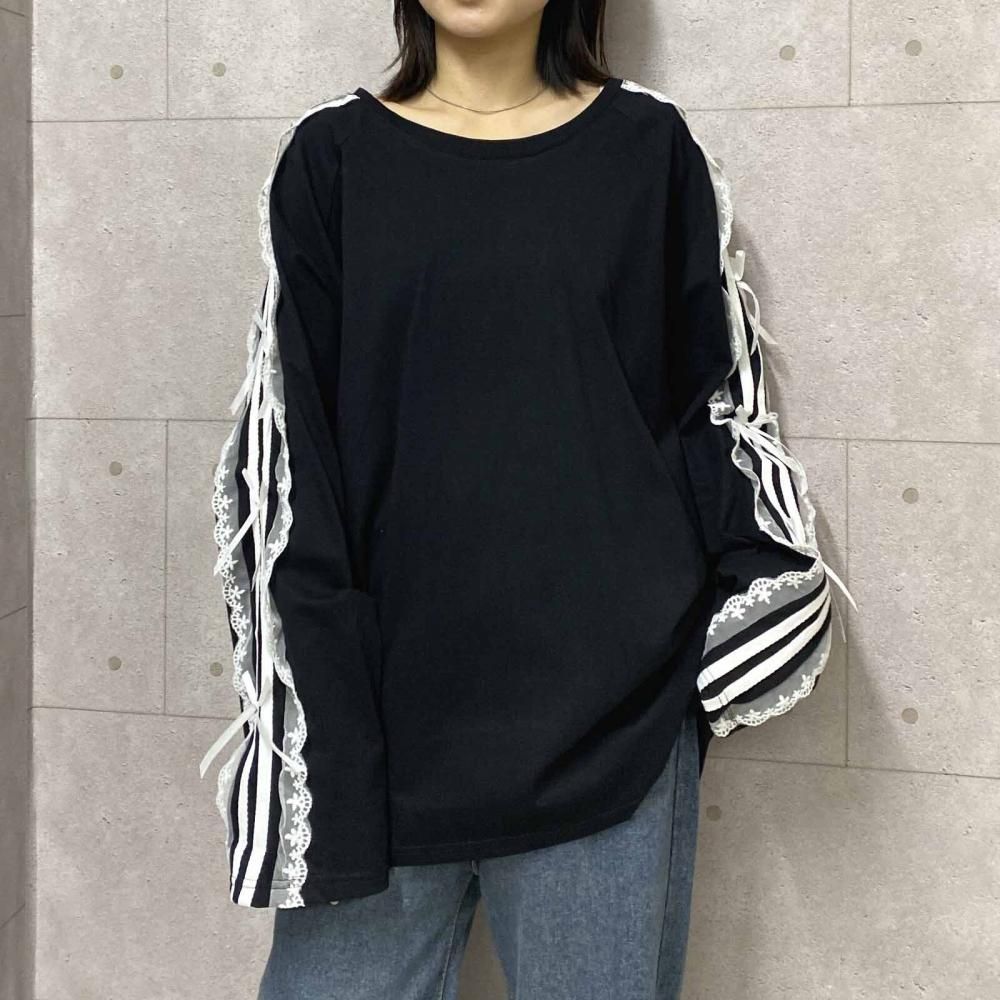 サイドダブルライン レース付き バレエコア ロンT BLACK