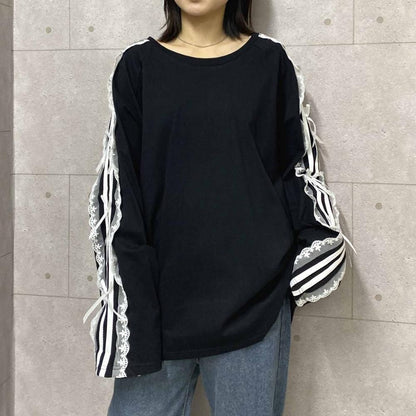 サイドダブルライン レース付き バレエコア ロンT BLACK