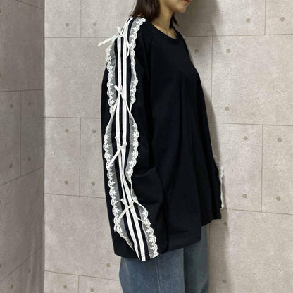 サイドダブルライン レース付き バレエコア ロンT BLACK
