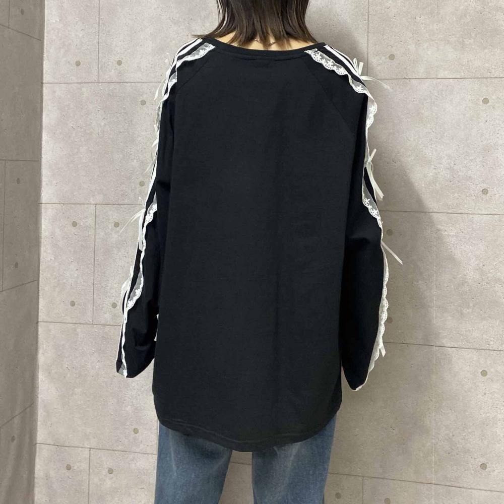 サイドダブルライン レース付き バレエコア ロンT BLACK