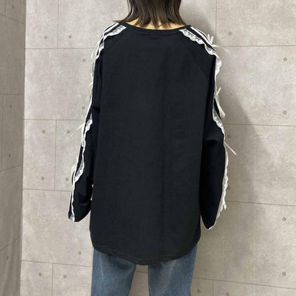 サイドダブルライン レース付き バレエコア ロンT BLACK