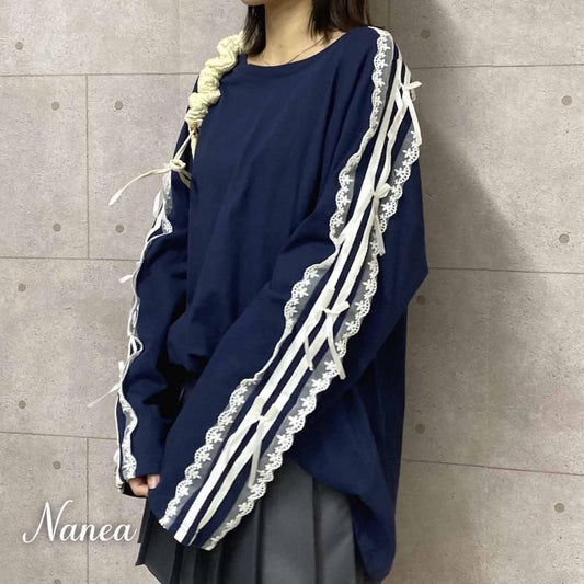 サイドダブルライン レース付き バレエコア ロンT NAVY