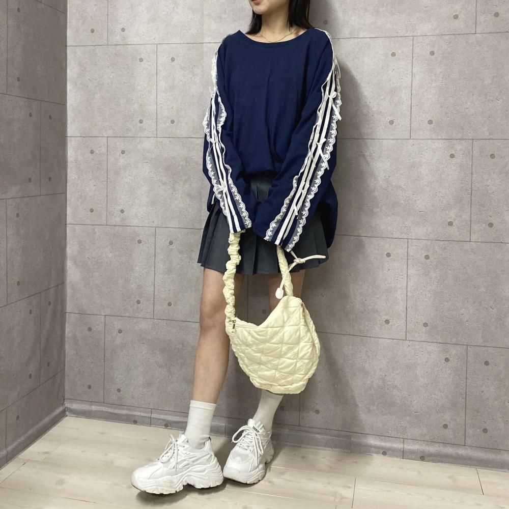 サイドダブルライン レース付き バレエコア ロンT NAVY