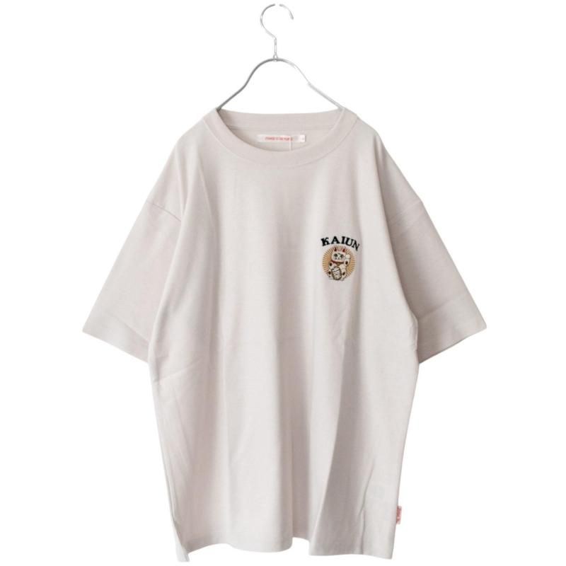 POWER TO THE PEOPLE JAPAN Series 梨地 和柄ワンポイント 刺繍 Tシャツ 招き猫 OFF WHITE