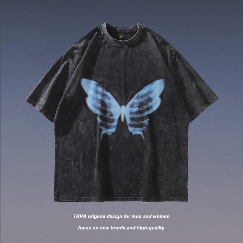 X-RAY 蝶々 ウォッシュ加工 ユニセックス Tシャツ BLACK CT6951