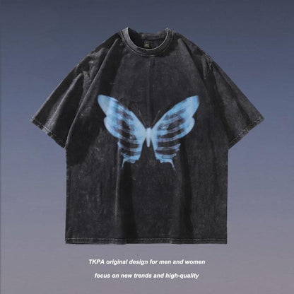 X-RAY 蝶々 ウォッシュ加工 ユニセックス Tシャツ BLACK CT6951