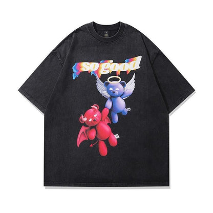 Angel Devil Teddy ウォッシュ加工 ユニセックス Tシャツ BLACK
