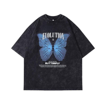 Butterfly ウォッシュ加工 ユニセックス Tシャツ BLACK