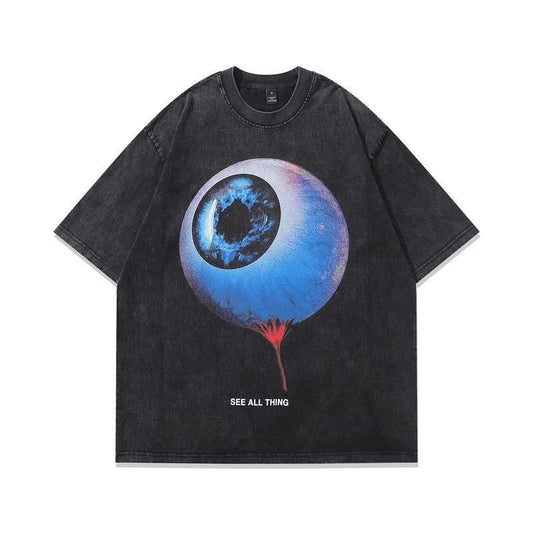 Eye Ball ウォッシュ加工 ユニセックス Tシャツ BLACK