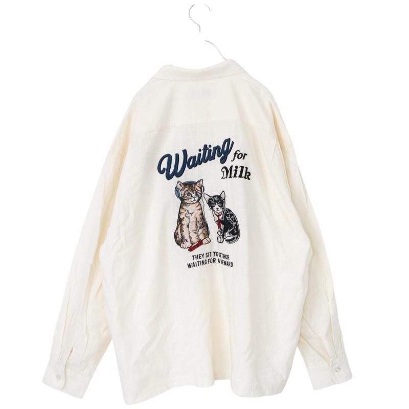 POWER TO THE PEOPLE CAT 麻ライク 刺繍 シャツ WHITE