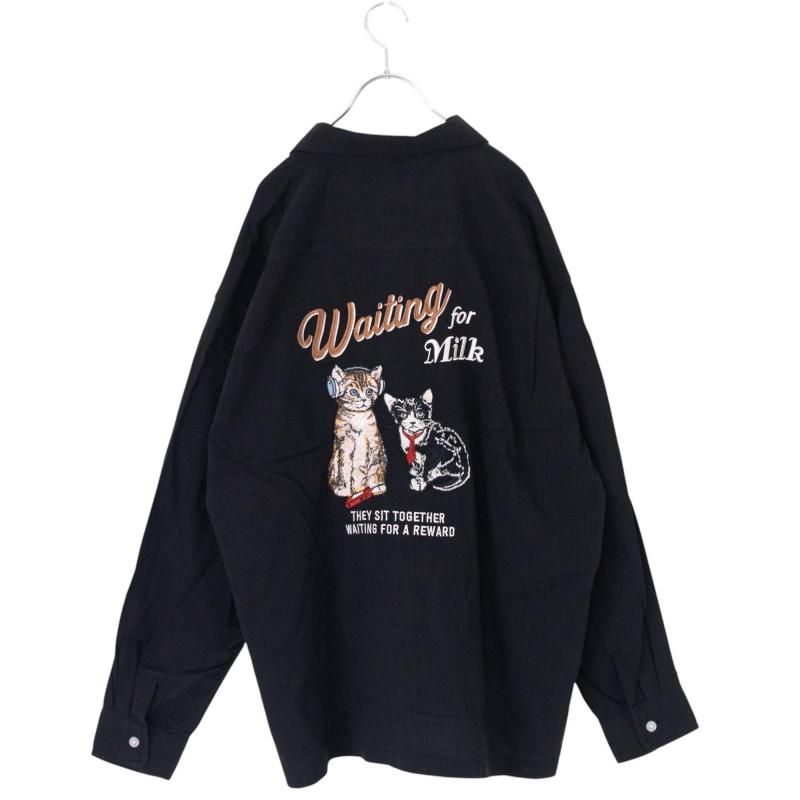 POWER TO THE PEOPLE CAT 麻ライク 刺繍 シャツ BLACK