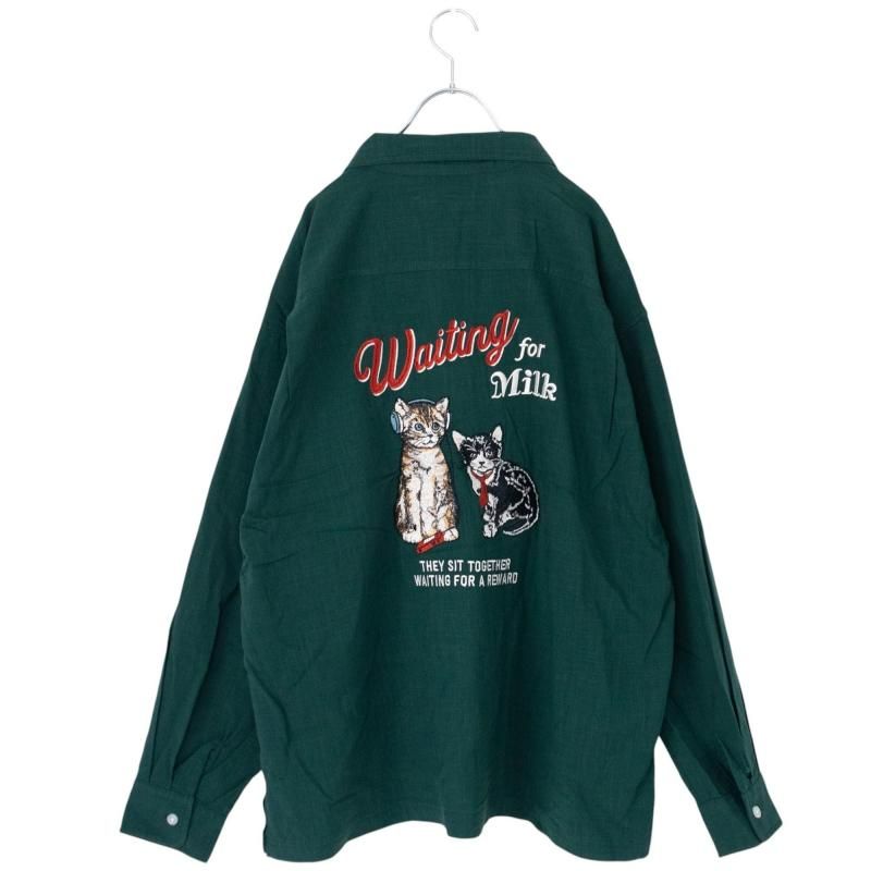 POWER TO THE PEOPLE CAT 麻ライク 刺繍 シャツ GREEN