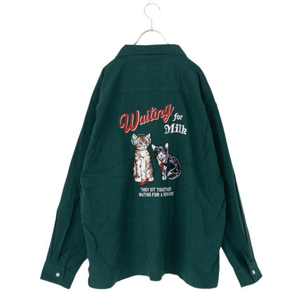 POWER TO THE PEOPLE CAT 麻ライク 刺繍 シャツ GREEN