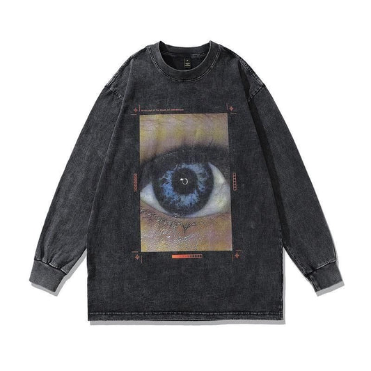 Eye Box ウォッシュ加工 ユニセックス 長袖 Tシャツ ロンT BLACK