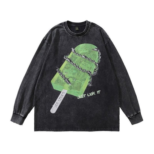 有刺鉄線 Ice Cream ウォッシュ加工 ユニセックス 長袖 Tシャツ ロンT BLACK