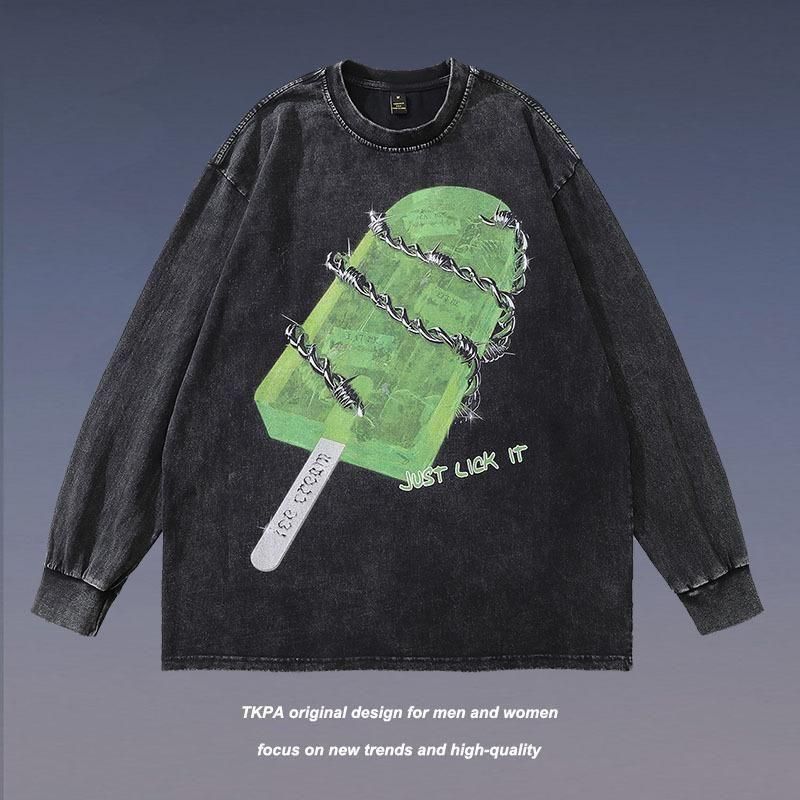 有刺鉄線 Ice Cream ウォッシュ加工 ユニセックス 長袖 Tシャツ ロンT BLACK