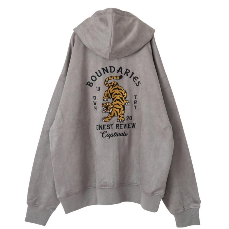 POWER TO THE PEOPLE TIGER Faux Suede Zip Hoodie in Light Gray