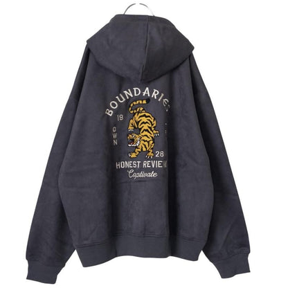 POWER TO THE PEOPLE TIGER Faux Suede Zip Hoodie in Charcoal