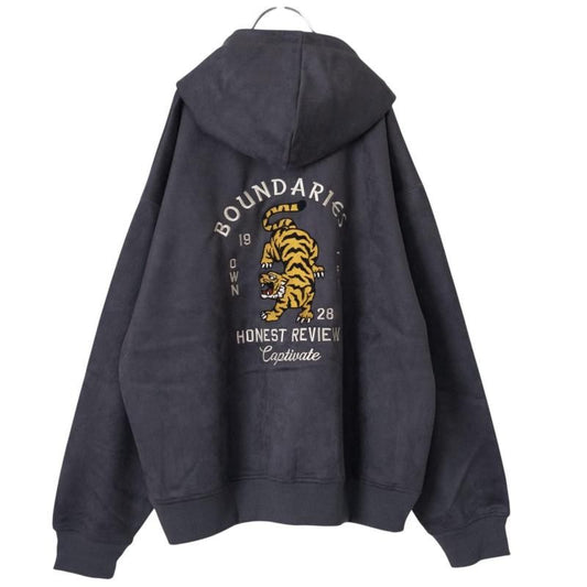 POWER TO THE PEOPLE TIGER Faux Suede Zip Hoodie in Charcoal