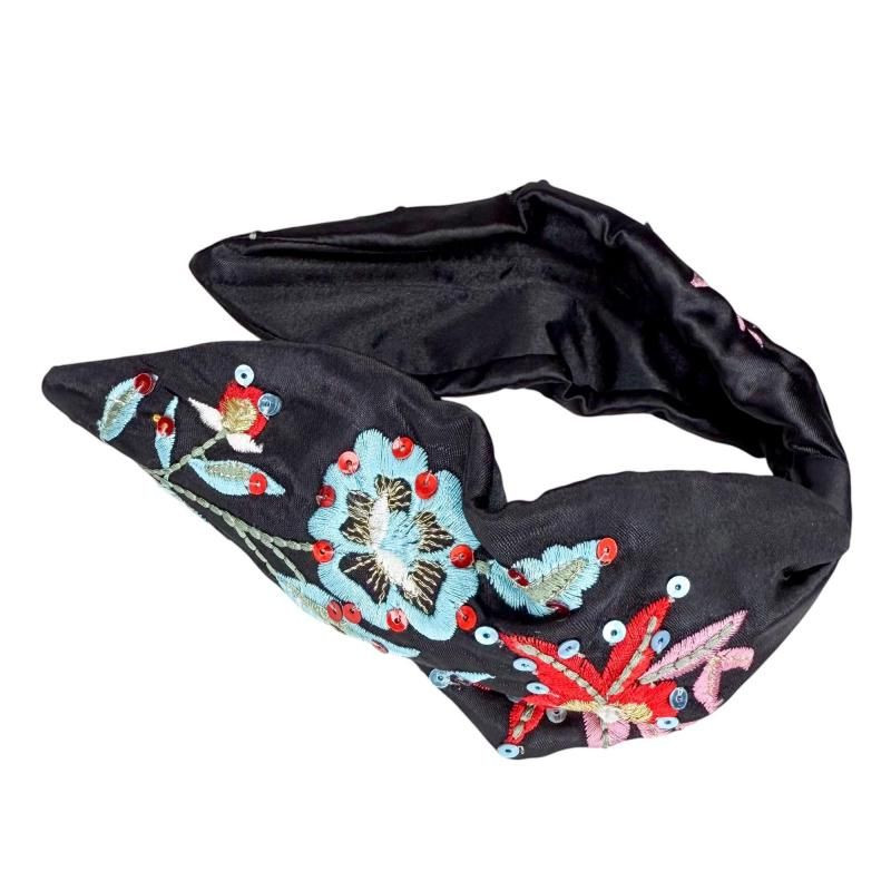 オリエンタルフラワー 刺繍カチューシャ BLACK