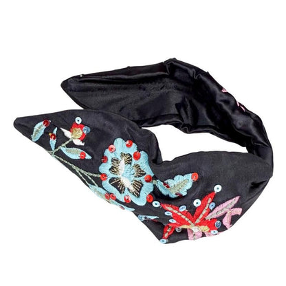 Oriental Flower Embroidered Headband BLACK