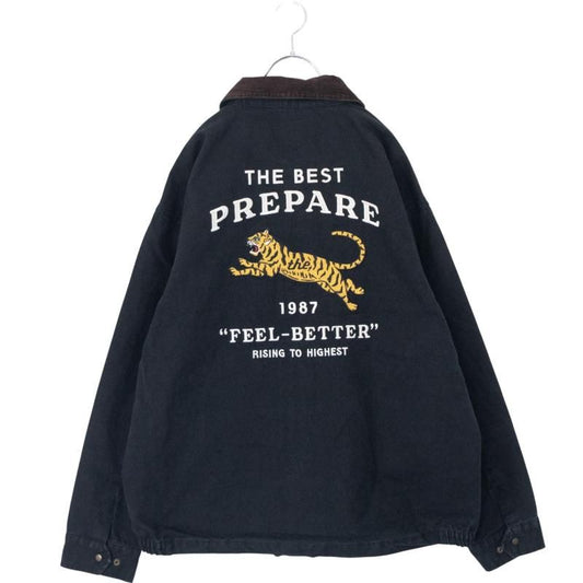 POWER TO THE PEOPLE Corduroy Collar Tiger Embroidery Duck Jacket Black