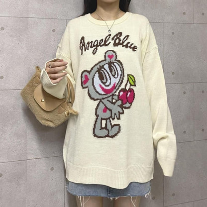 ANGEL BLUE Acrylic Bulky Jacquard Knit Pullover in IVORY