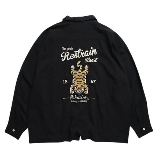 POWER TO THE PEOPLE トラ麻ライク刺繍シャツ BLACK