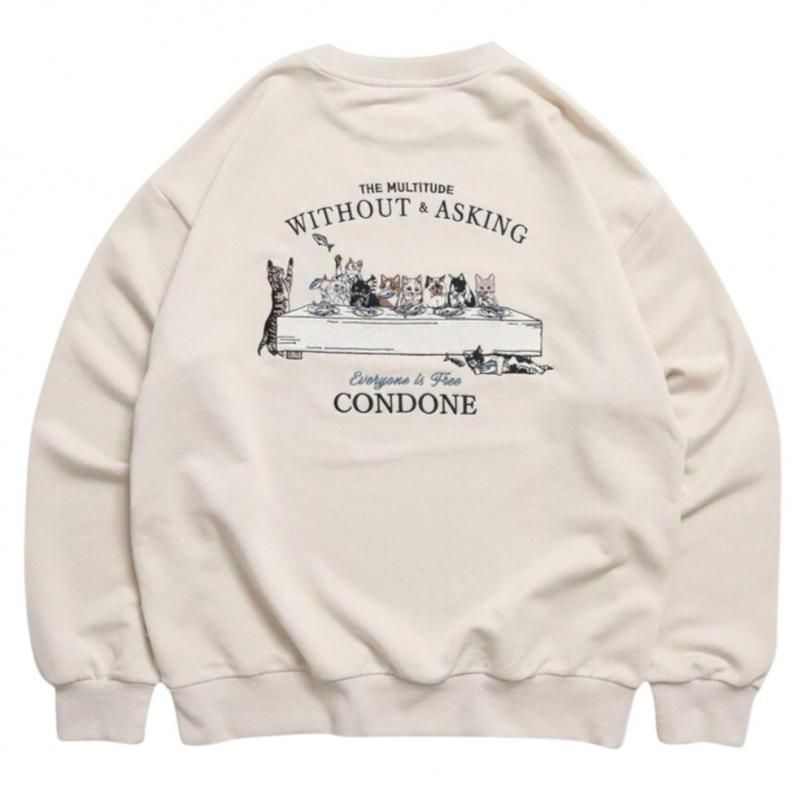 POWER TO THE PEOPLE ディナー猫刺繍スウェット IVORY