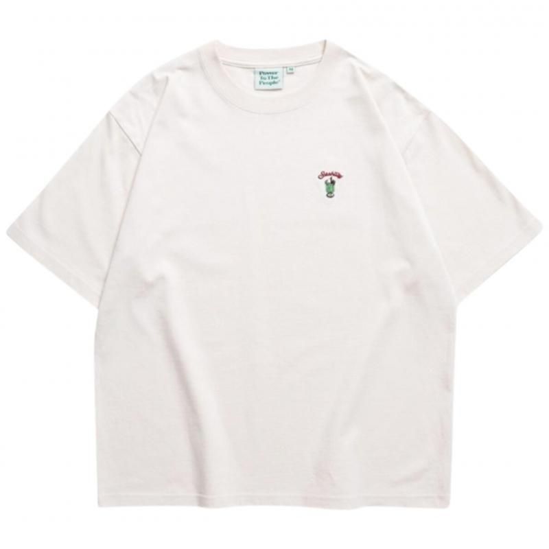POWER TO THE PEOPLE ワンポイントTee / クリームソーダ サガラ刺繍 半袖Tシャツ Ivory