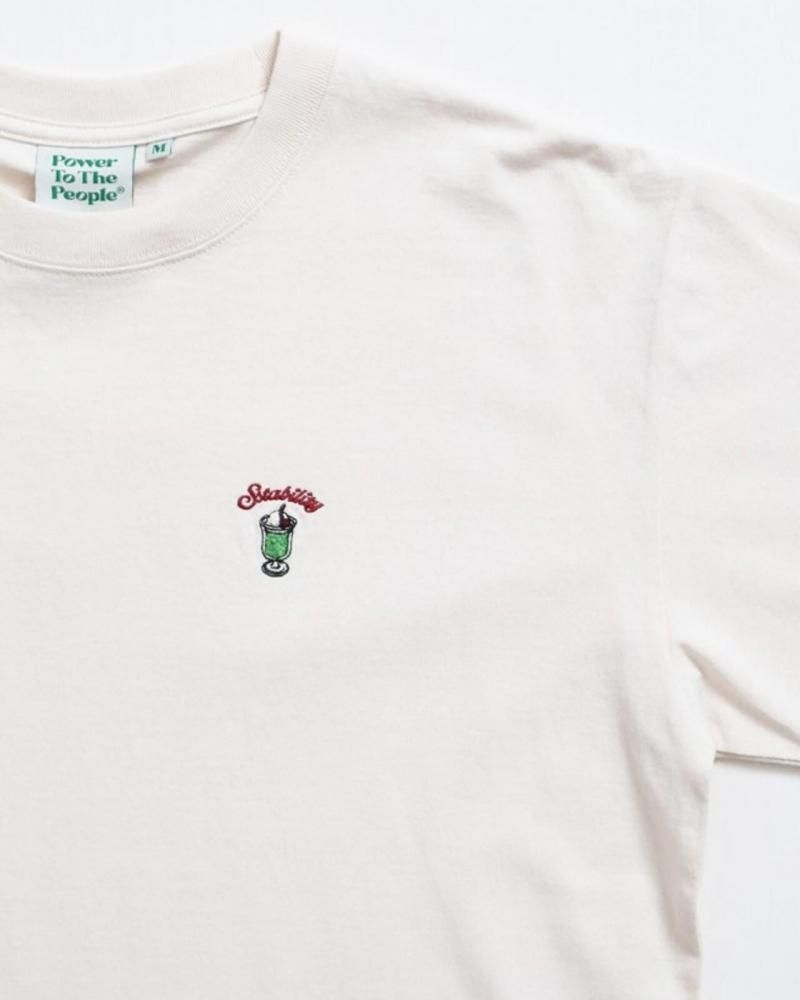 POWER TO THE PEOPLE ワンポイントTee / クリームソーダ サガラ刺繍 半袖Tシャツ Ivory