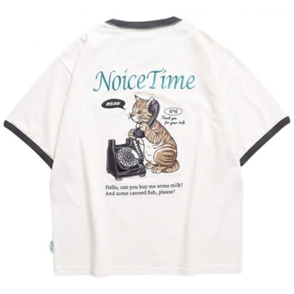 POWER TO THE PEOPLE テレフォン ネコ刺繍Tee / 半袖Tシャツ Ringer Off White