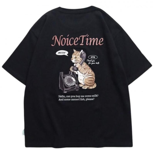 POWER TO THE PEOPLE テレフォン ネコ刺繍Tee / 半袖Tシャツ Black