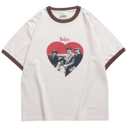 The Beatles ビートルズ ハート柄リンガーTee / 半袖Tシャツ Ringer Brown