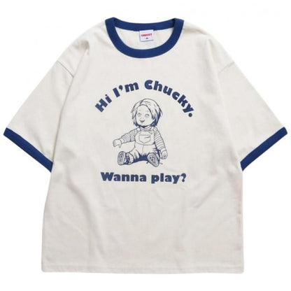 CHUCKY チャッキー クラックプリント リンガーTee 半袖Tシャツ チャイルド・プレイ Blue