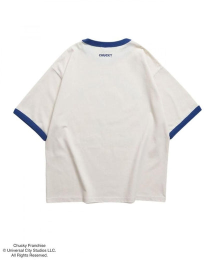 CHUCKY チャッキー クラックプリント リンガーTee 半袖Tシャツ チャイルド・プレイ Blue