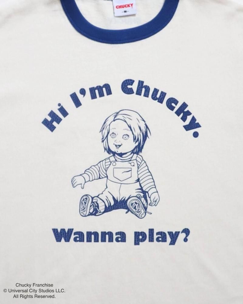 CHUCKY チャッキー クラックプリント リンガーTee 半袖Tシャツ チャイルド・プレイ Blue