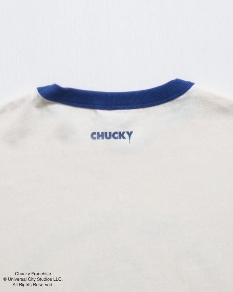CHUCKY チャッキー クラックプリント リンガーTee 半袖Tシャツ チャイルド・プレイ Blue