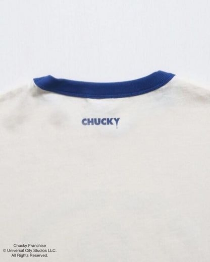 CHUCKY チャッキー クラックプリント リンガーTee 半袖Tシャツ チャイルド・プレイ Blue