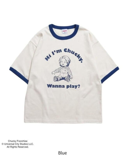 CHUCKY チャッキー クラックプリント リンガーTee 半袖Tシャツ チャイルド・プレイ Blue