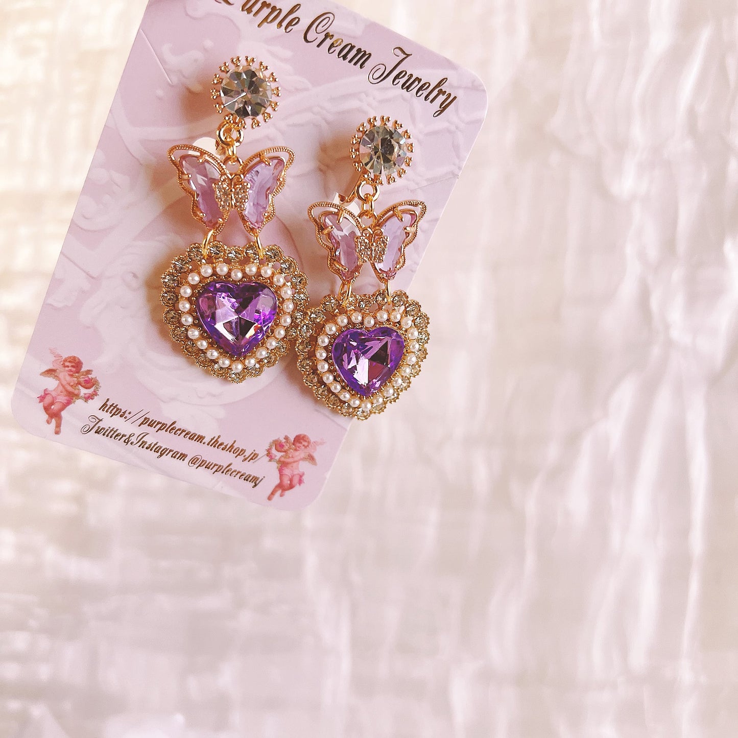 Purple Cream Butterfly Heart Earrings P1291