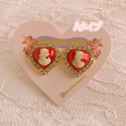 Purple Cream Cameo Heart Earrings Red P943
