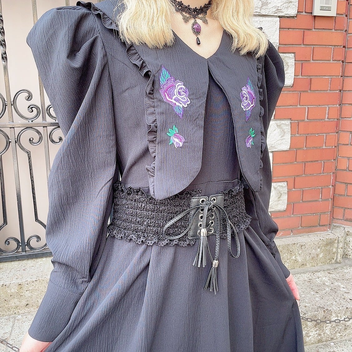 Gothic Rose Embroidery Long Dress BLACK