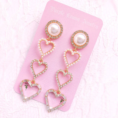 Purple Cream Pearl &amp; Heart Lovely Long Earrings P098