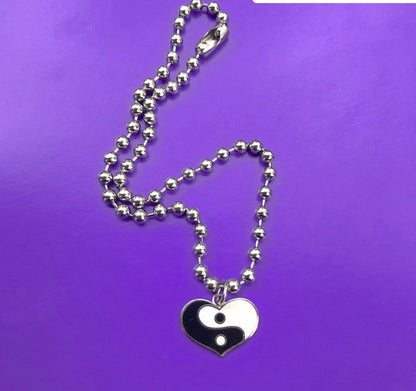 BIG Yin Yang Heart Ball Chain Necklace SILVER BLACK