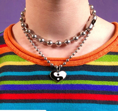 BIG Yin Yang Heart Ball Chain Necklace SILVER BLACK