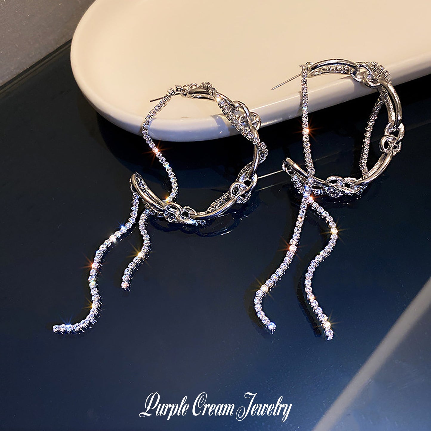 Purple Cream Stone Chain Hoop Earrings P1237