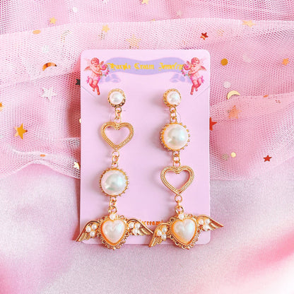 Purple Cream Pearl Heart Wing Earrings P538