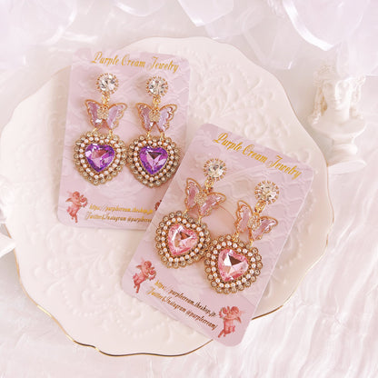 Purple Cream Butterfly Heart Earrings P1291